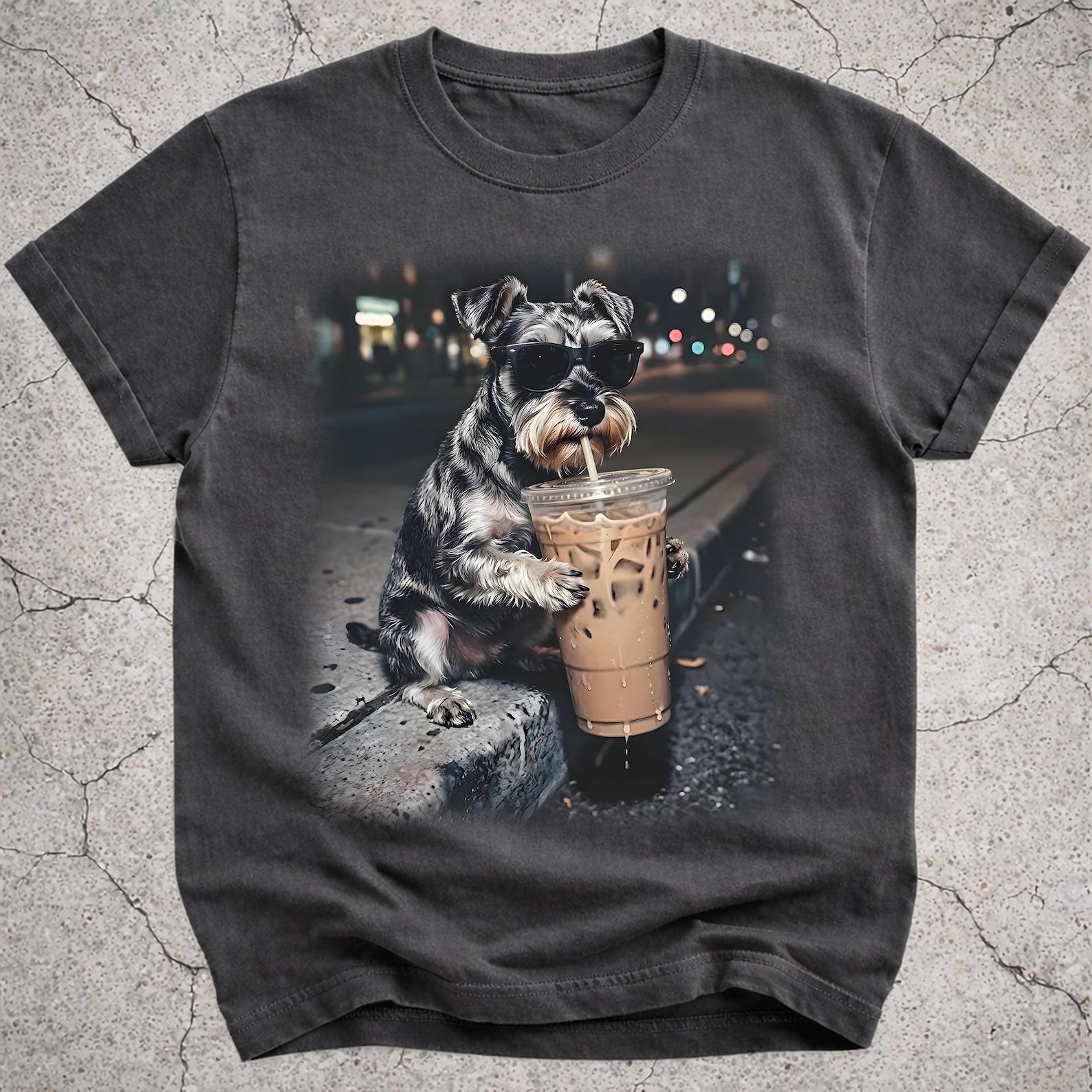 Miniature Schnauzer Drinking Iced Coffee Shirt, Funny Schnauzer Dog Meme T-Shirt, Coffee Lover Gift for Dog Mom Dad, Vintage Pet Graphic Tee 4XL