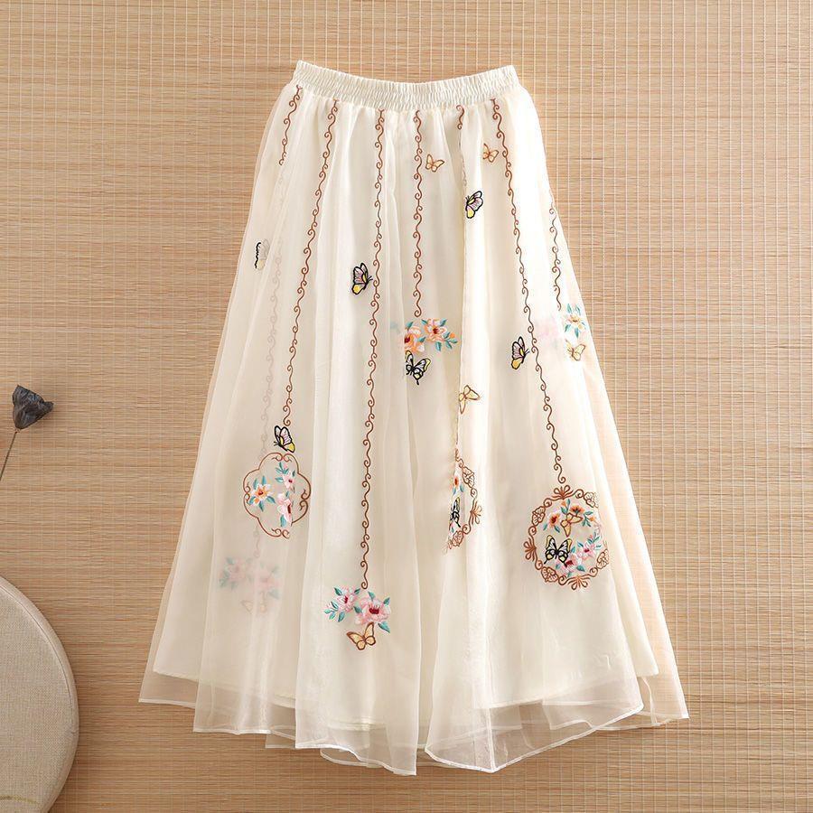 2023 Vintage Chinese Embroidered A-line Midi Skirt
