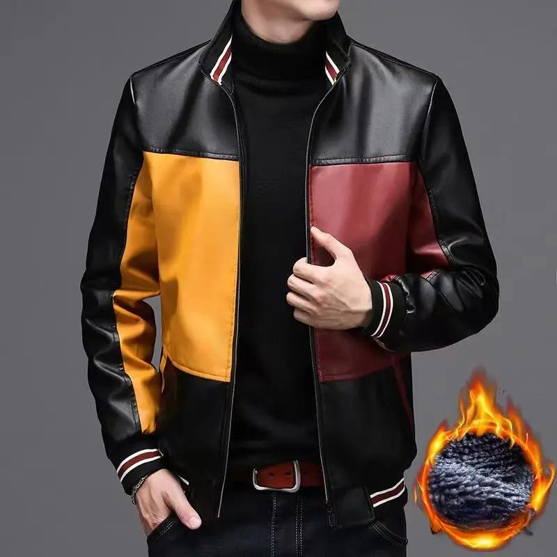 

Зимние мужские куртки из искусственной кожи Зимняя куртка из искусственного меха, утолщенное теплое пальто с отложным воротником, мужская стеганая кожаная куртка S красный