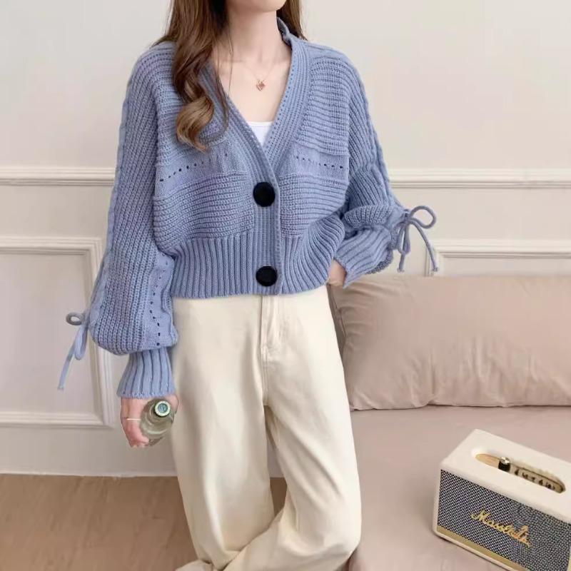 Autumn and winter new casual loose V-neck knitted cardigan sweater women's long-sleeved bow tether short top