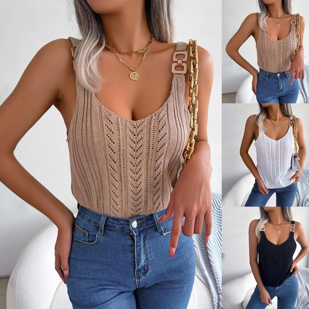 Dámský elegantní a módní design ležérní kovová přezka výstřih do V dutý dovolenkový top