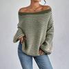Women Sweater Off Shoulder Oversized Long Sleeve Knit Pullover Top Loose Fit Striped Print Soft Stretchy Knitting Tops