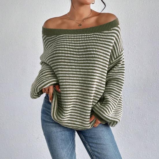 Women Sweater Off Shoulder Oversized Long Sleeve Knit Pullover Top Loose Fit Striped Print Soft Stretchy Knitting Tops