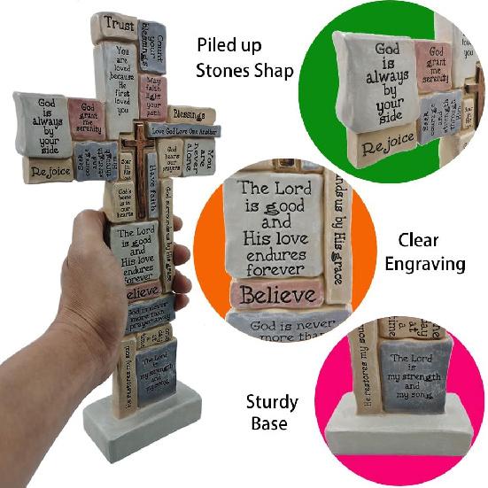 Jumiz Cross Sculpture with Christian Words and Sayings Crossword Table Inspirational Figurine Cross for Home Decor Christian gifts