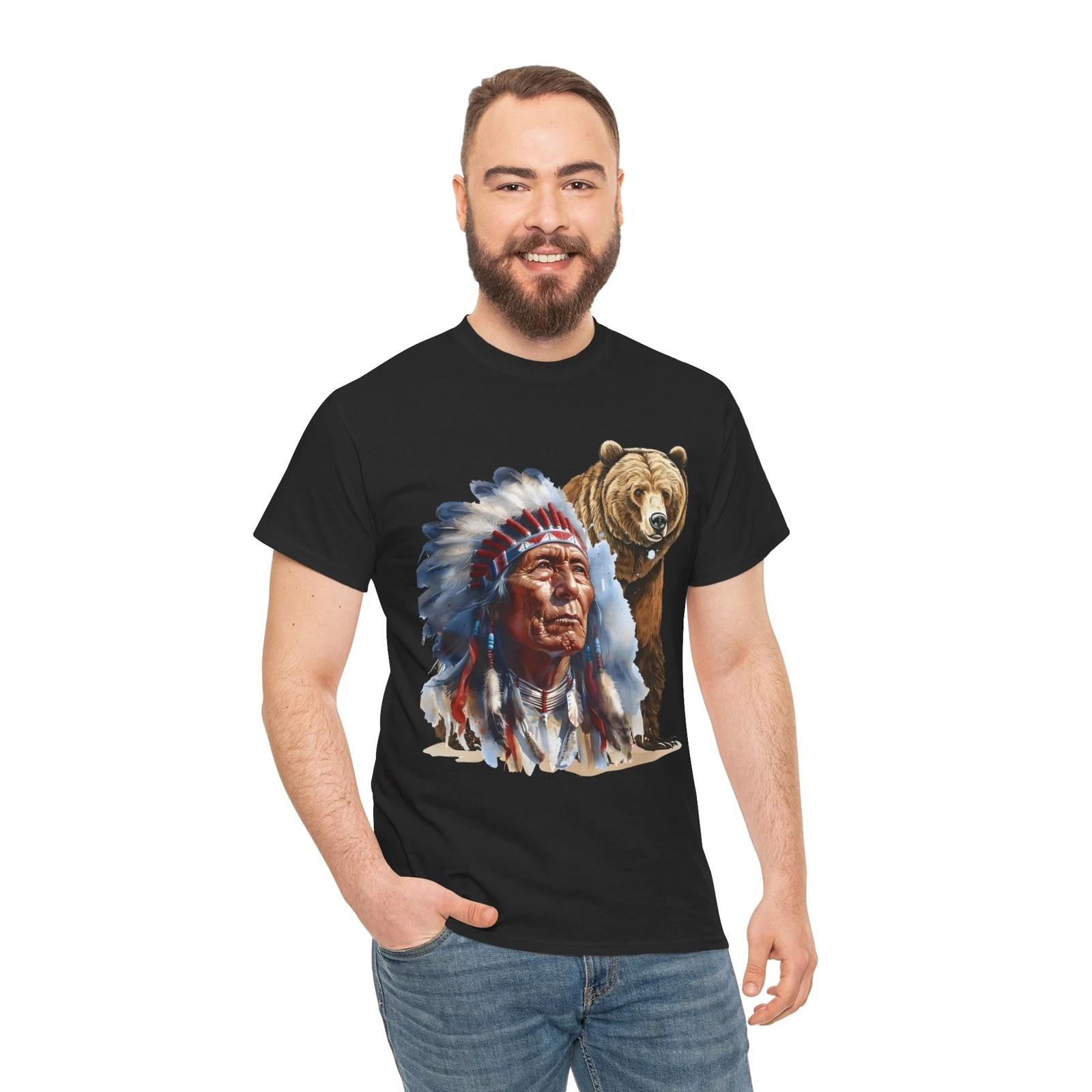 Native Indian Chief and The Spirit Grizzly Bear Wilderness Wildlife T-Shirt 4XL