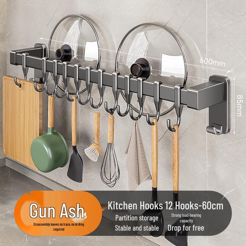 Gun Gray Kitchen Rail Hook Punch-Free Multi-Functional Organizer: Spoon, Spatula, Knife Holder with Hanging Hooks