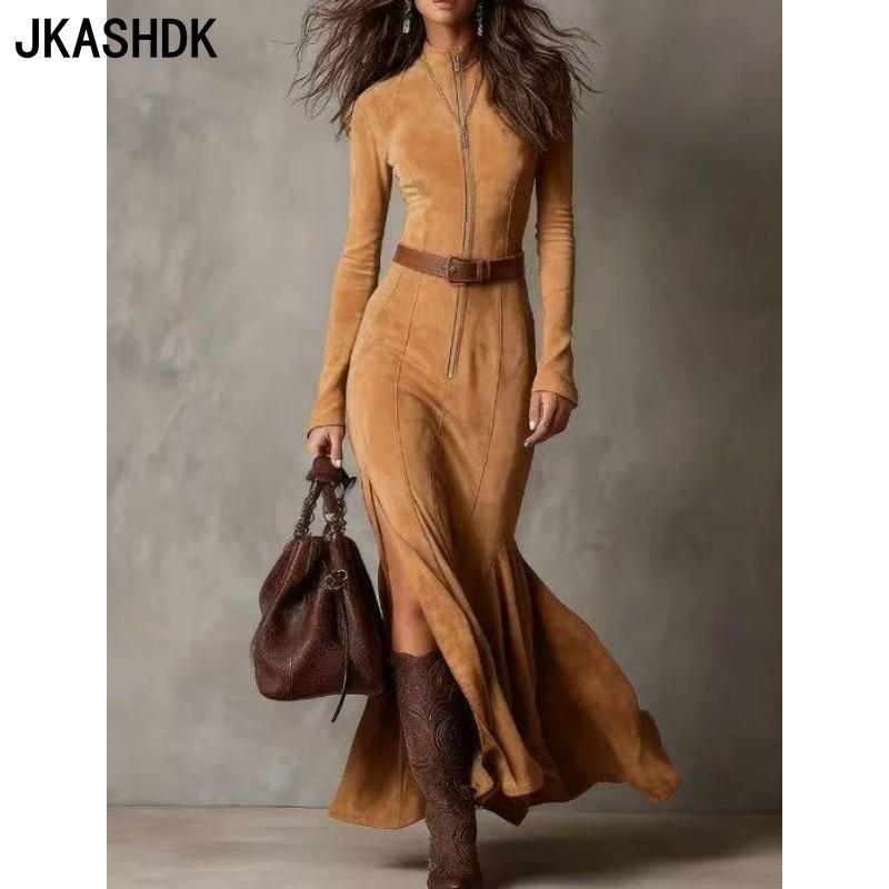 JKASHDK Moda Donna Primavera Autunno Tinta Unita Stampa Manica Lunga Mezzo Collo Alto Vita Alta Abiti Casual