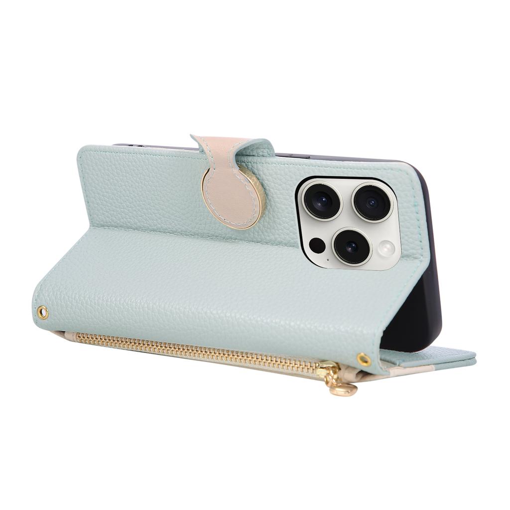 For iPhone 15 Pro Max Case Zipper Wallet Color Splicing TPU PU Leather Flip Phone Cover with Strap