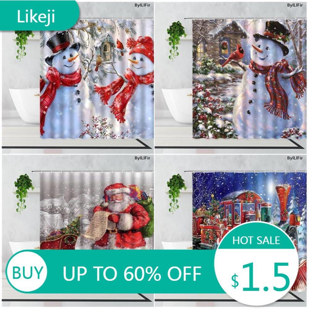 Cute Christmas Snowman Shower Curtains Red Santa Retro Train Winter