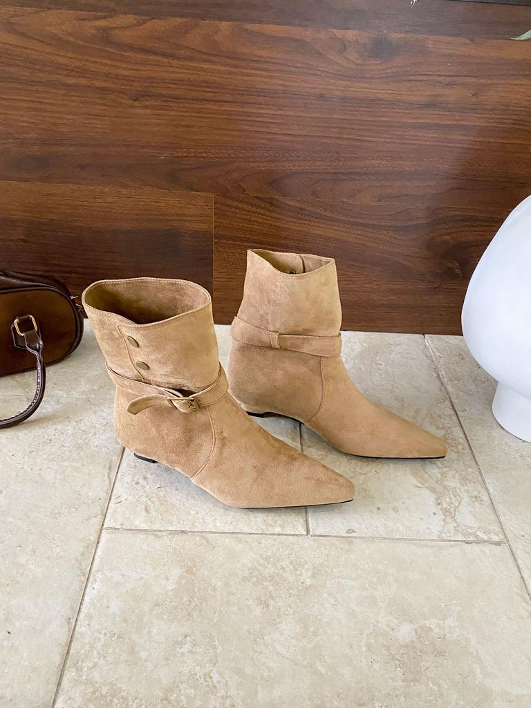 Pointed Belt Buckle Knight Boots Women's New Thick Heel Suede Western Cowboy Boots Medium Tube Stack Boots
