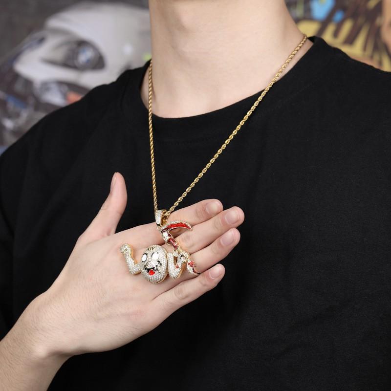 Hip Hop Classic Cartoon Character Scythe Monster Copper Zircon Pendant Necklace Gold