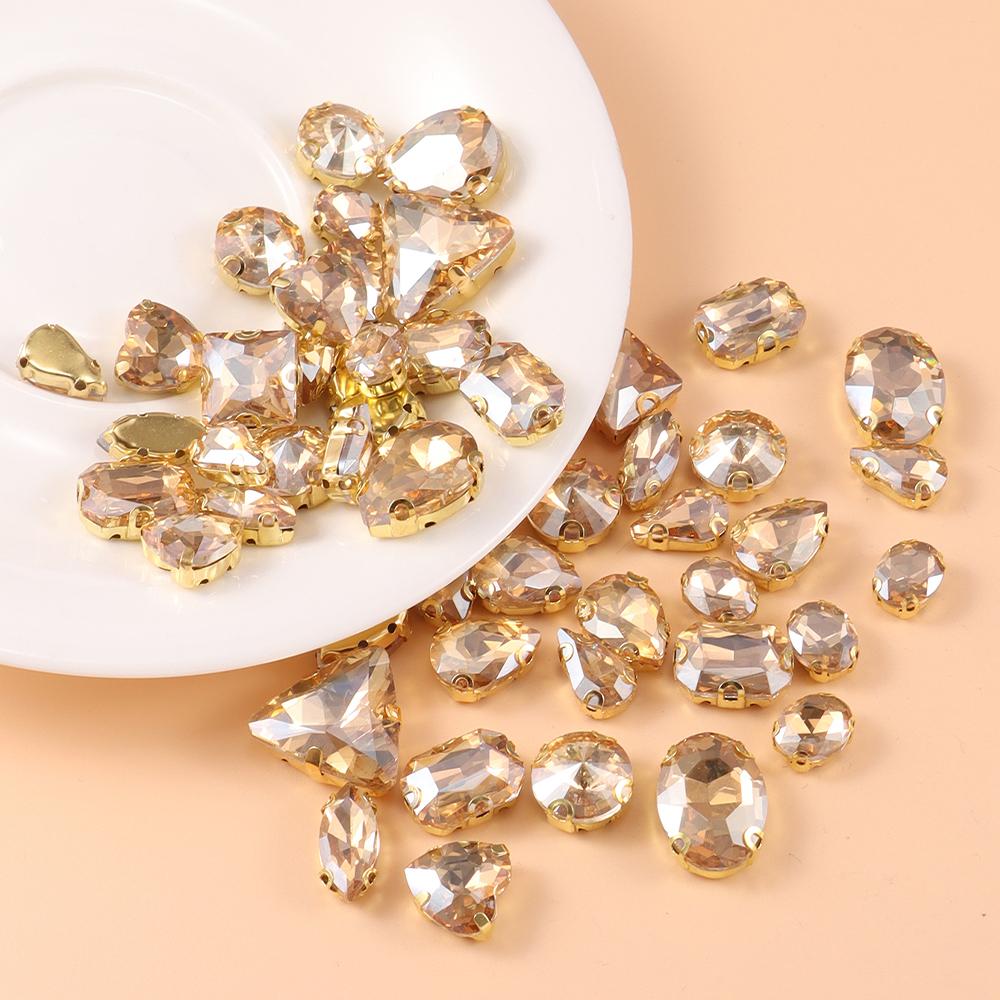 Mixed size glass rhinestone with claw cut diamond on stone bar, K gold base metal crystal, used for embroidery 50 pieces/pack