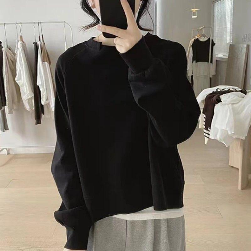 

Spring Slimming Women s Cotton Raglan Sweatshirt - Korean Style, Round Neck, Long-Sleeved, Solid Color, Trendy Age-Reducing Design XL (120-135 lbs)