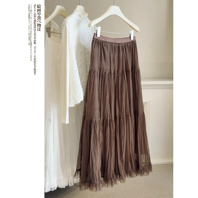 Spring High Waist Ruffle Leaf Edge Mesh Big Swing Skirt Women's New Gentle and Thin A-shaped Long Skirt