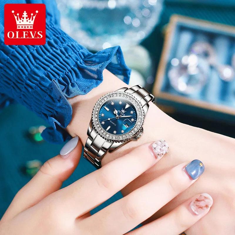 OLEVS Kvartsklokke for kvinner Diamond Dial Luxury Rustfritt stål Vanntett Elegant Dame Mote Topp Merke Dameklokke