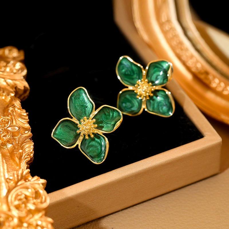 Vintage Green Flower Earrings For Women Korean Vintage Zircon Boho Wedding Stud Earrings Pendientes