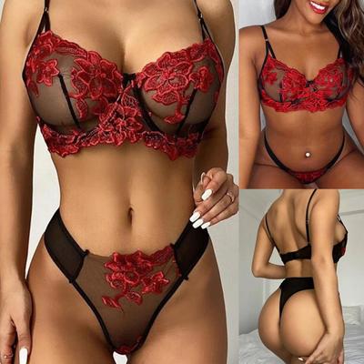 Two-piece Women's Sexy Mesh Underwear See-through Lace Embroidered Bra