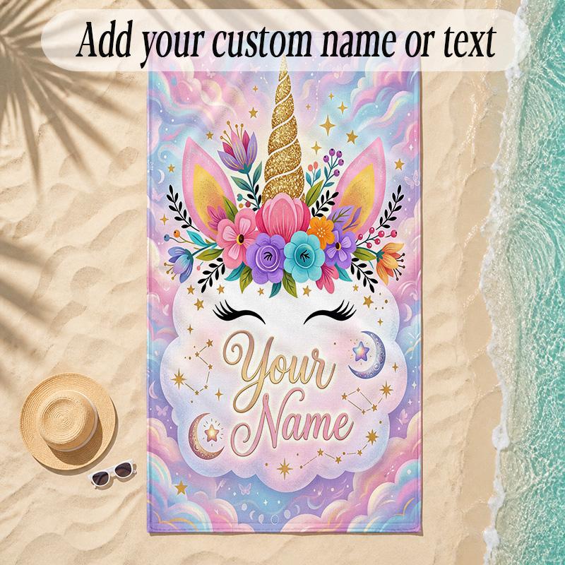 Unicorn Theme Soft Beach Towel Personalized Custom Name Text Towel Portable for Beach Pool Travel