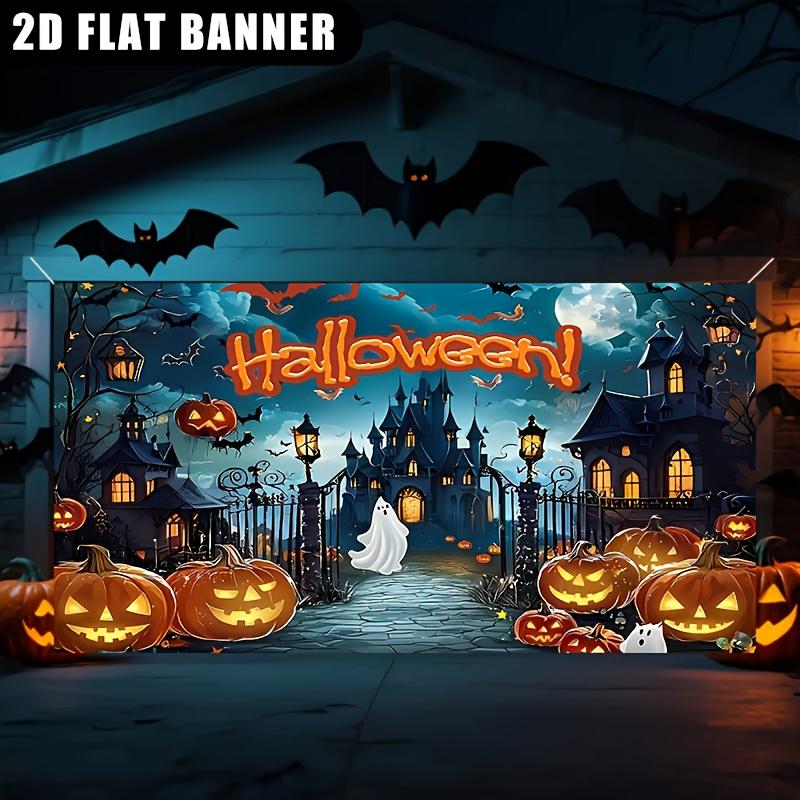 1 piece of 2D flat banner a Halloween banner poster with a horror castle design and a pumpkin monster theme.PMJ