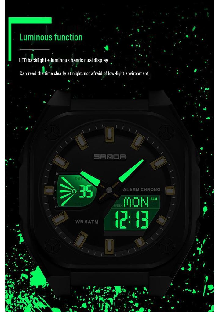 Orologio Cronometro Sportivo Sanda per Nuovi Studenti: Sincronizzato a Due Lancette, Ora Mondiale, Impermeabile 50M, Orologio Elettronico