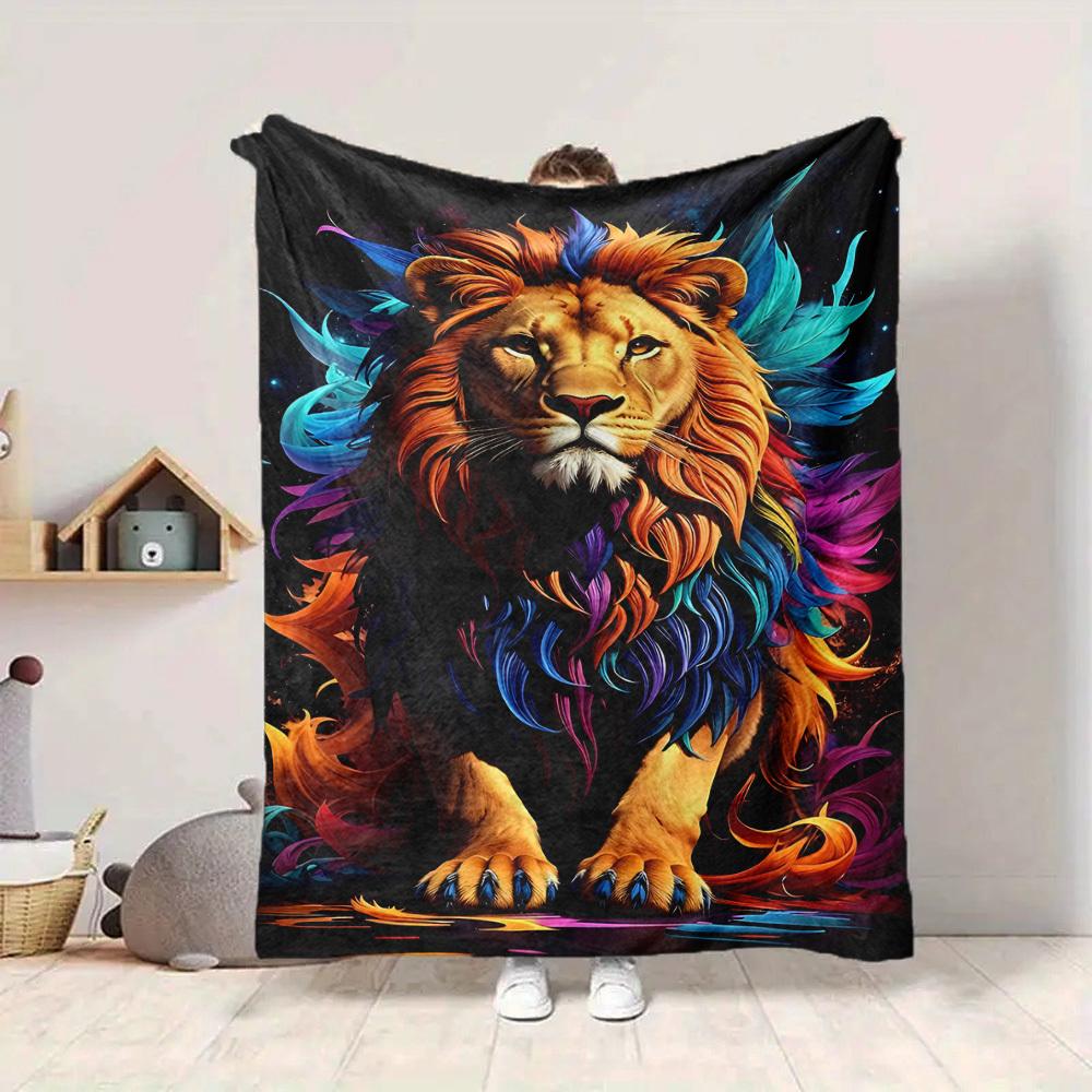 1pc Lion Colors Print Blanket   Lightweight Flannel Throw Blanket For Sofa, Bed, Living Room, Office, Outdoor Travel, Camping