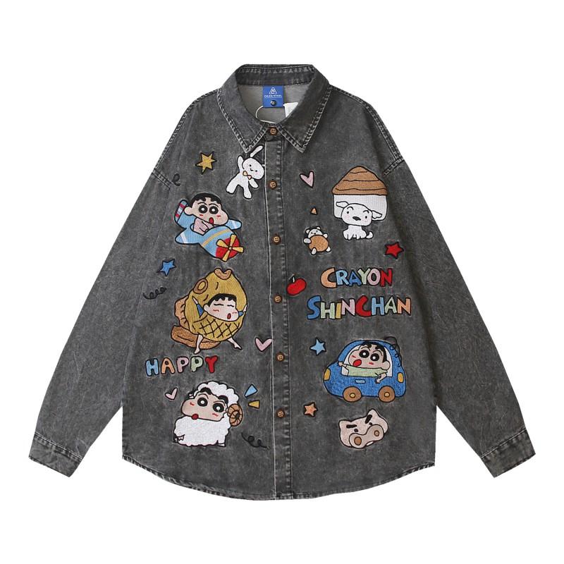 American Retro Cartoon Shinchan Patch Denim Shirt Loose Long Sleeve Casual Jacket Teens