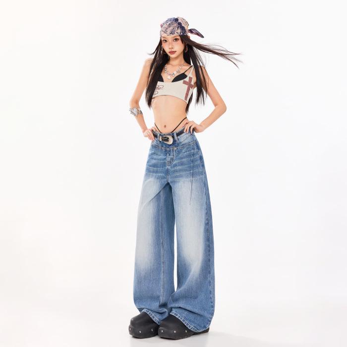 

Women s Textured Distressed Denim Jeans: Loose Fit, Wide-Leg, Floor-Length, New Spring/Autumn 2026 Style. XS