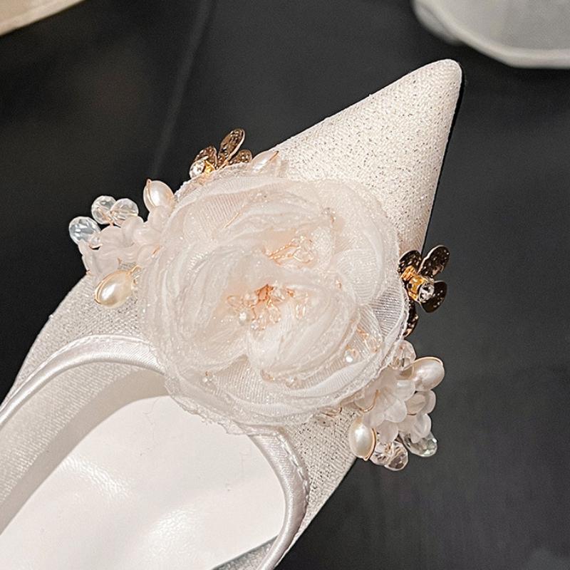 Plus 33-41 Grace hálós virág esküvői party cipő női virág menyasszony bankett fehér 8 cm magas sarkú koszorúslányok pezsgő pumpák