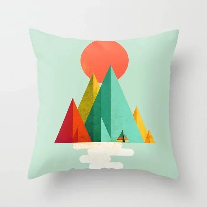 Colorful Geometric Landscape Pillowcase Sun and Moon Mountain Pattern Cushion Modern Art Style Sofa Decoration Pillow