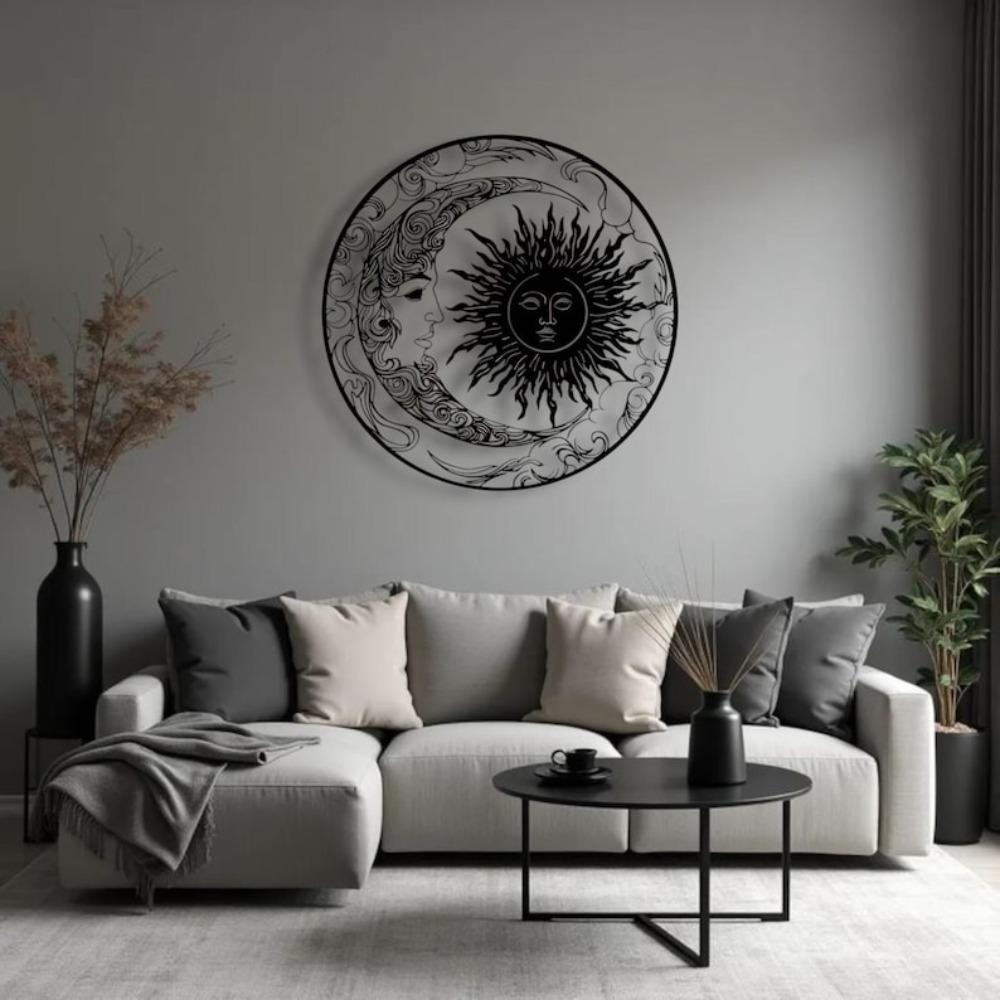 Metal Wall Art Sun and Moon Laser Cut Black Steel Home Decor Modern Design
