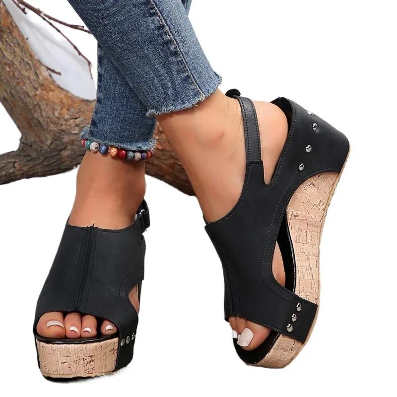 

Новые женские туфли Римские женские сандалии Повседневные повседневные сандалии Женские швейные туфли с круглым носком на платформе и танкетке Туфли больших размеров для женщин 43 чёрный