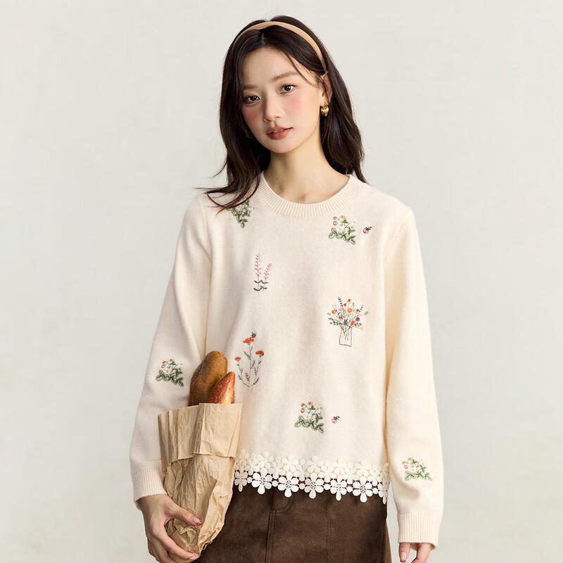 

INMAN Women s Embroidered Lace Knit Pullover Sweater S