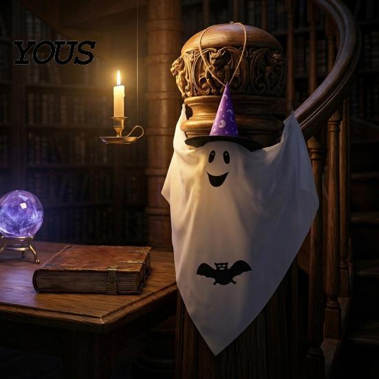 Ghost Decoration for Yard Halloween Hanging Decoration, Cute Flying White with Witch Hat Wind Flowing And Bat Pattern Indoor Outdoor Patio