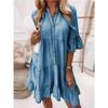 Solid-color Washed Cotton Mid-length Patchwork Denim Dress Women's Summer Medium Length Sleeve Polo Neck Loose Dress