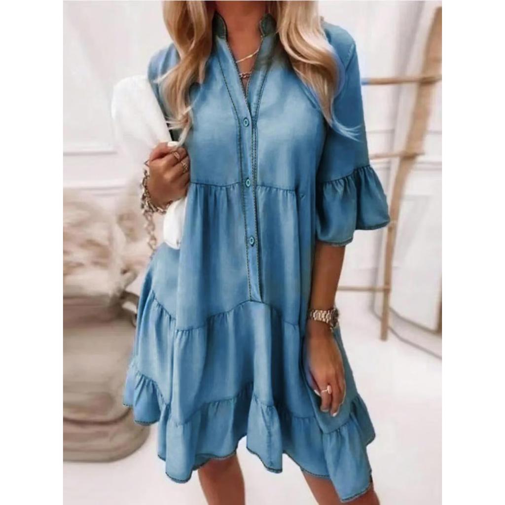 Solid-color Washed Cotton Mid-length Patchwork Denim Dress Women's Summer Medium Length Sleeve Polo Neck Loose Dress