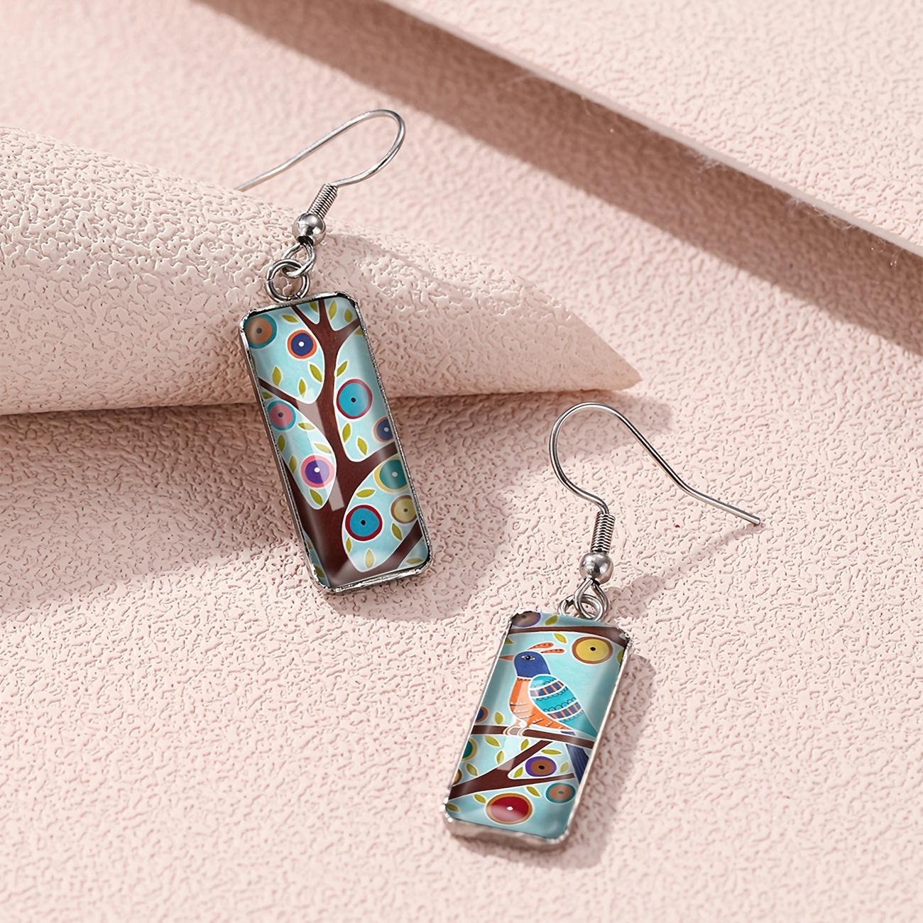 

Квадратные серьги-подвески в винтажном стиле в виде дерева и птицы
