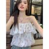Women Summer White Pink Tulip Print Ruffle Cami Top Chain