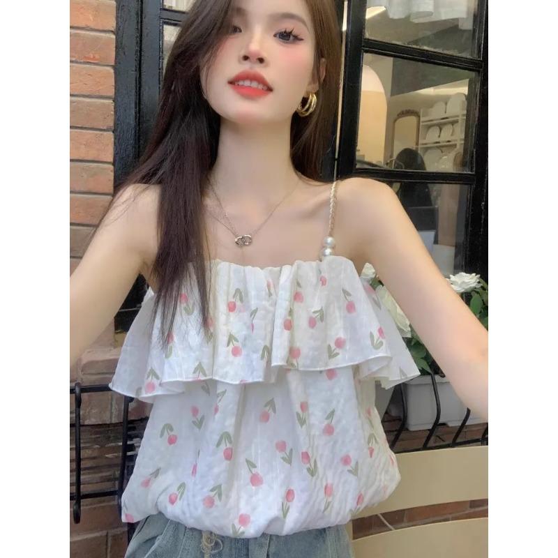 

Женский летний белый розовый топ-камзол с принтом тюльпанов, воланами и цепочкой S белый