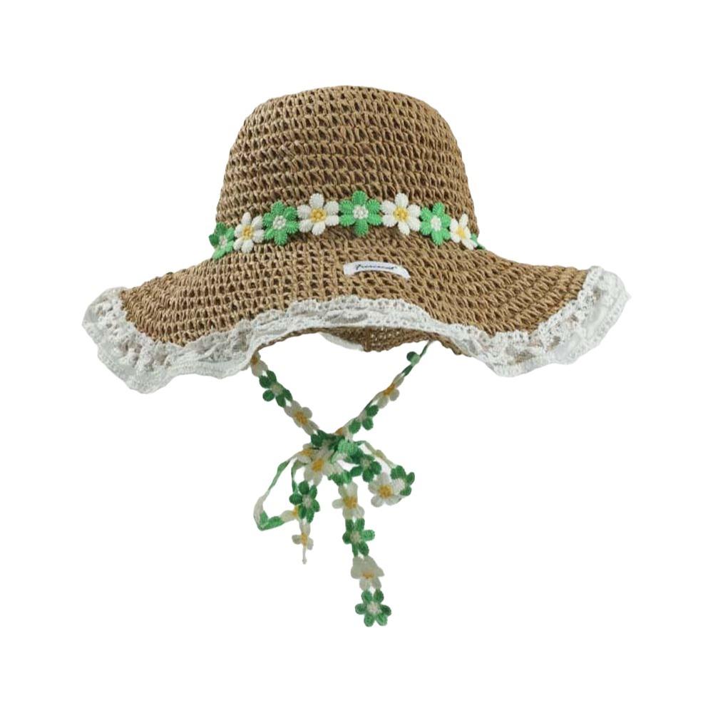 With Garland Big Brimmed Straw Hat Breathable Woven Sun Cap Elegant Vacation Beach Cap  Women