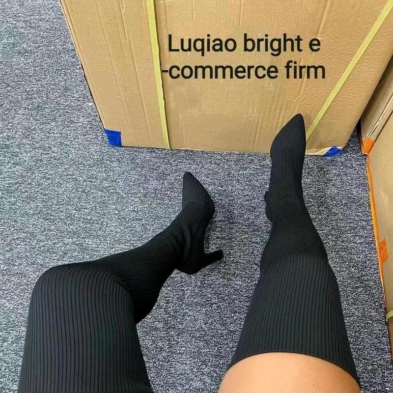Mujer Botas por encima de la rodilla Invierno Muslo Tejido Calcetines Elásticos Zapato Cálido Sexy Tacones de Aguja Puntiagudas Botas Largas 35-43 botas mujer