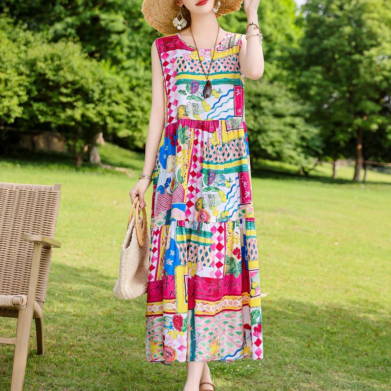 Elegant Sleeveless Dress for Women Plus Size Loose Vintage Print Long Dress Summer Middle-aged Women's Clothing