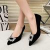 Women Shoes Fashion Rhinestone Square Buckle Bridesmaid Wedding Shoes Solid Flock Pointed Toe Stiletto Pumps French High Heels