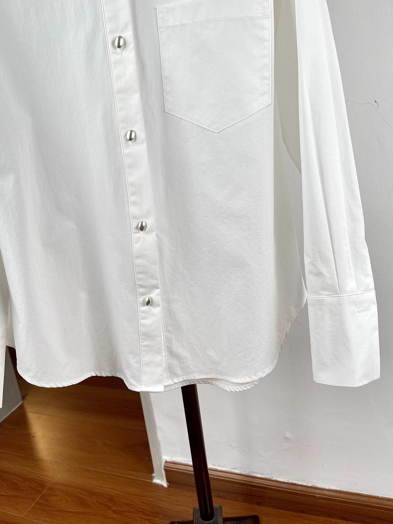 Women's Mid-Length White Cotton Shirt with Heavy Embroidered Petal Lace Collar, Long Sleeves, Loose Fit Covering Belly and Hips