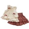 Girls Summer Off White Red Polka Dot Bow Sleeveless Top And Red White Plaid Tiered Skirt Two Piece Set