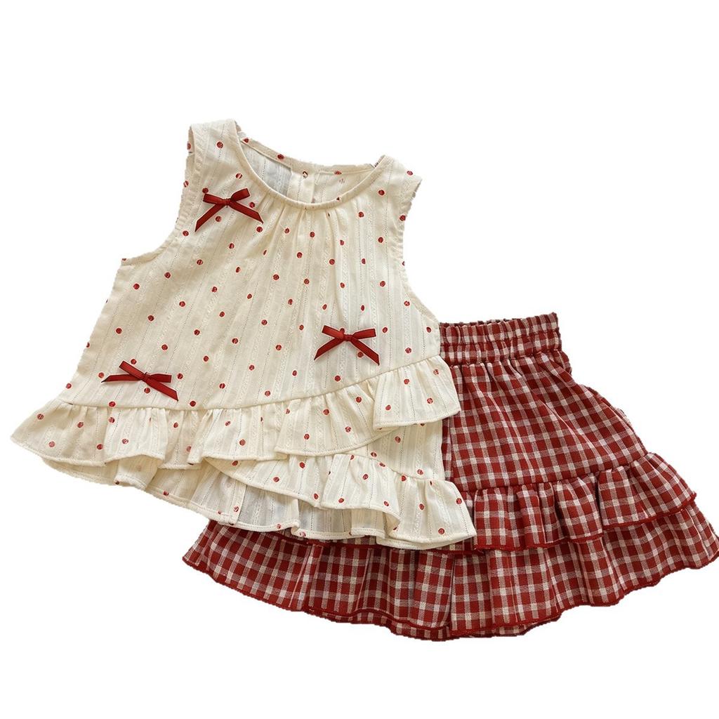 Girls Summer Off White Red Polka Dot Bow Sleeveless Top And Red White Plaid Tiered Skirt Two Piece Set