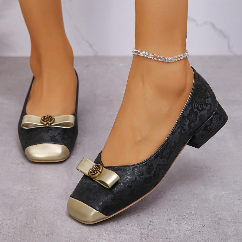 

2024 Женская обувь Слипоны на высоком каблуке Модные туфли-лодочки Женские туфли-лодочки с принтом банта Квадратный носок Низкий каблук Туфли больших размеров для женщин 43 чёрный
