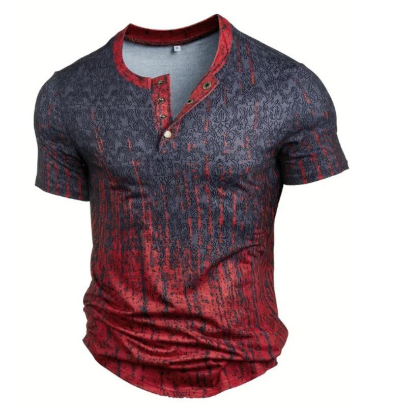 European and American semi-cardigan, casual short-sleeved digital printing slim-fit pullover Henry T-shirt top men's clothing