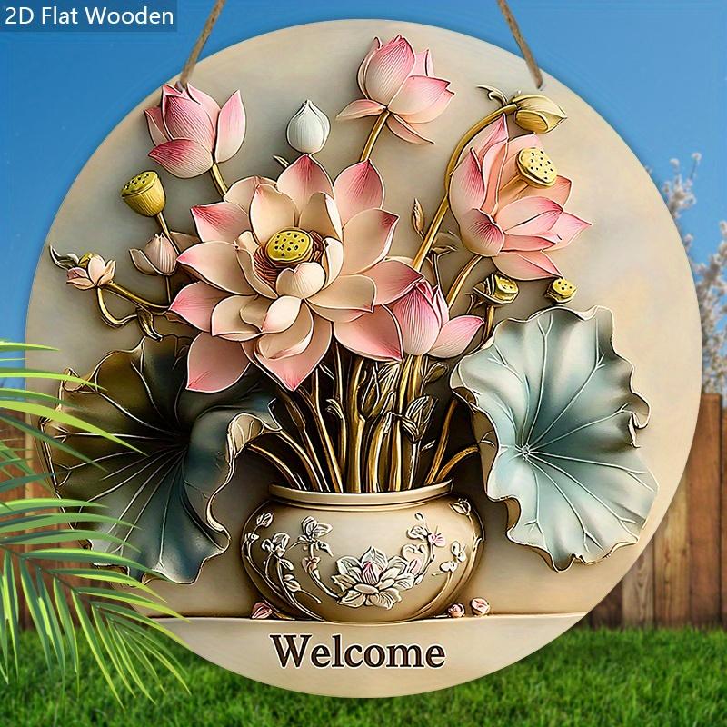 Rustic Lotus Bonsai Wooden Welcome Sign - Artistic Decorative Hanging Plaque - Ideal Home Hanging Ornament