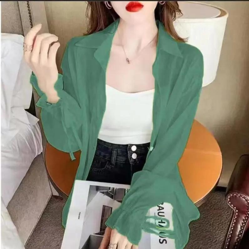 Women Thin Shirts Summer Perspective Solid Korean Sun Shirt Long Sleeve Fashion Korean Ladies Top Sunscreen Clothing