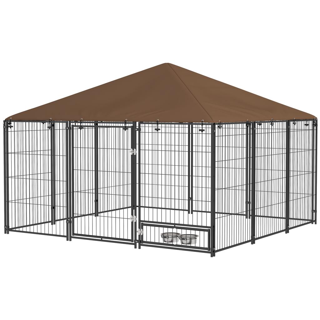 Metal and Oxford Fabric Dog Playpen with Bowl Door, 211x211x151 cm, Black and Brown